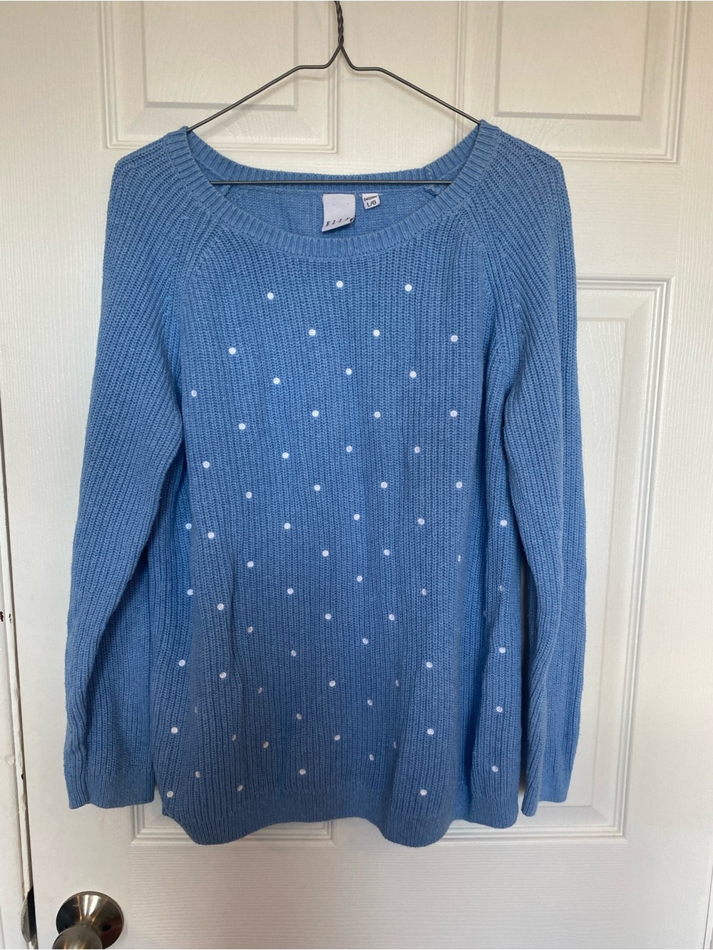 Elle Blue White Polka Dot Knit Crewneck Long Sleeve Sweater Size Large L